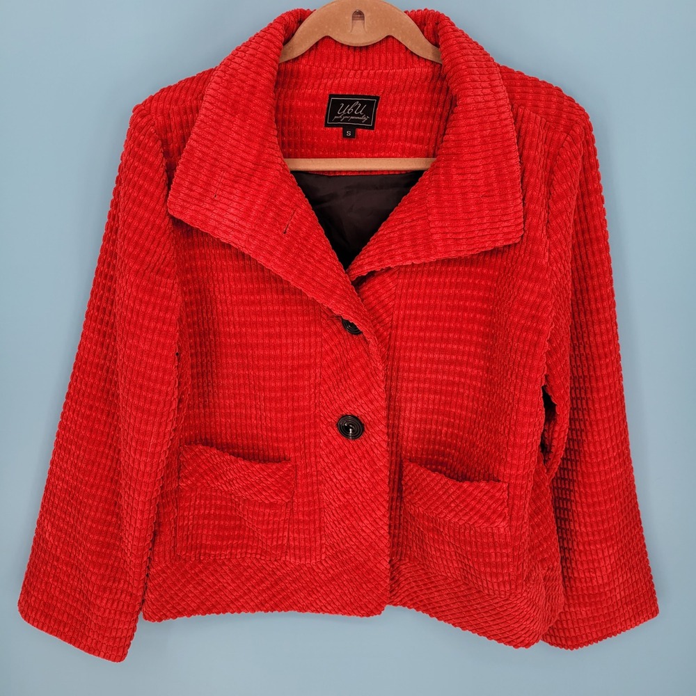 UBU chenille knit Button Up blazer Women Size S Red Textured Lightweight artisan
